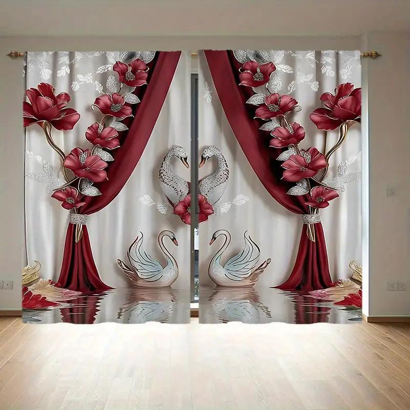 Elegantní červenobílé závěsy s potiskem květin a labutí   vhodné pro dekoraci ložnice a obývacího pokoje
