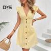 Women's Striped Print Dress Summer Button Front Short A Line Dress Ruffle Cap Sleeve V-Neck Mini Party Dress