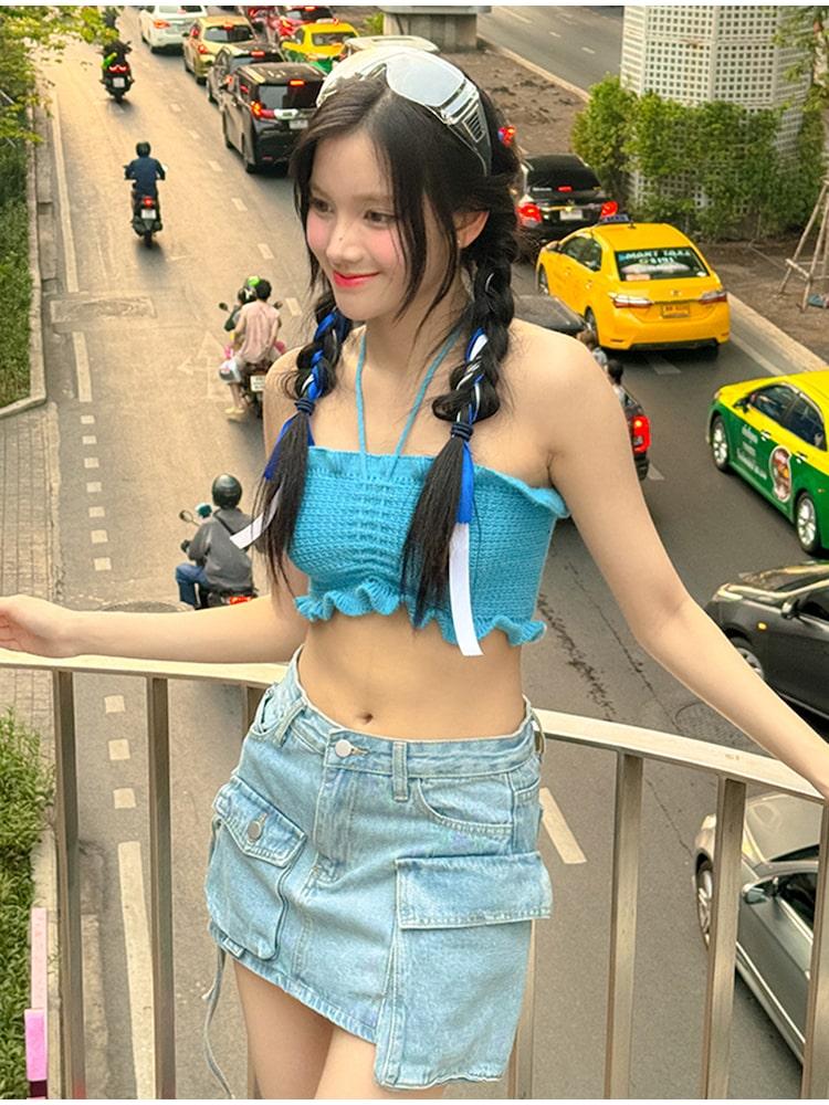 Aiemkeulleeo Tube Halterneck Bustier Crop Knit Top