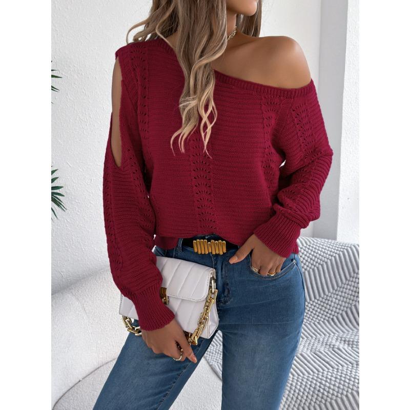 Women's Casual Solid-color Hollowed-out Off-the-shoulder Long-sleeved Pullover Sweater for Autumn and Winter