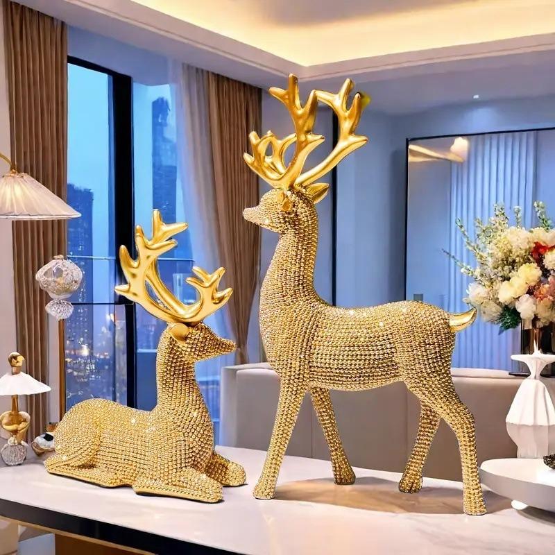 2pcs/Set Deer Statue, Golden Deer Christmas Decor, Elk Resin Reindeer Lucky Deer Sculptures For Work Desk Decor