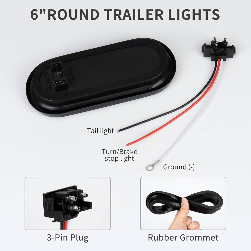 2PCS 6 Inch Oval Red LED Trailer Tail Lights, 10 LEDs Stop/Turn/Brake Lights With Surface Mount Grommets, DOT Certified IP67 Waterproof For Truck RV