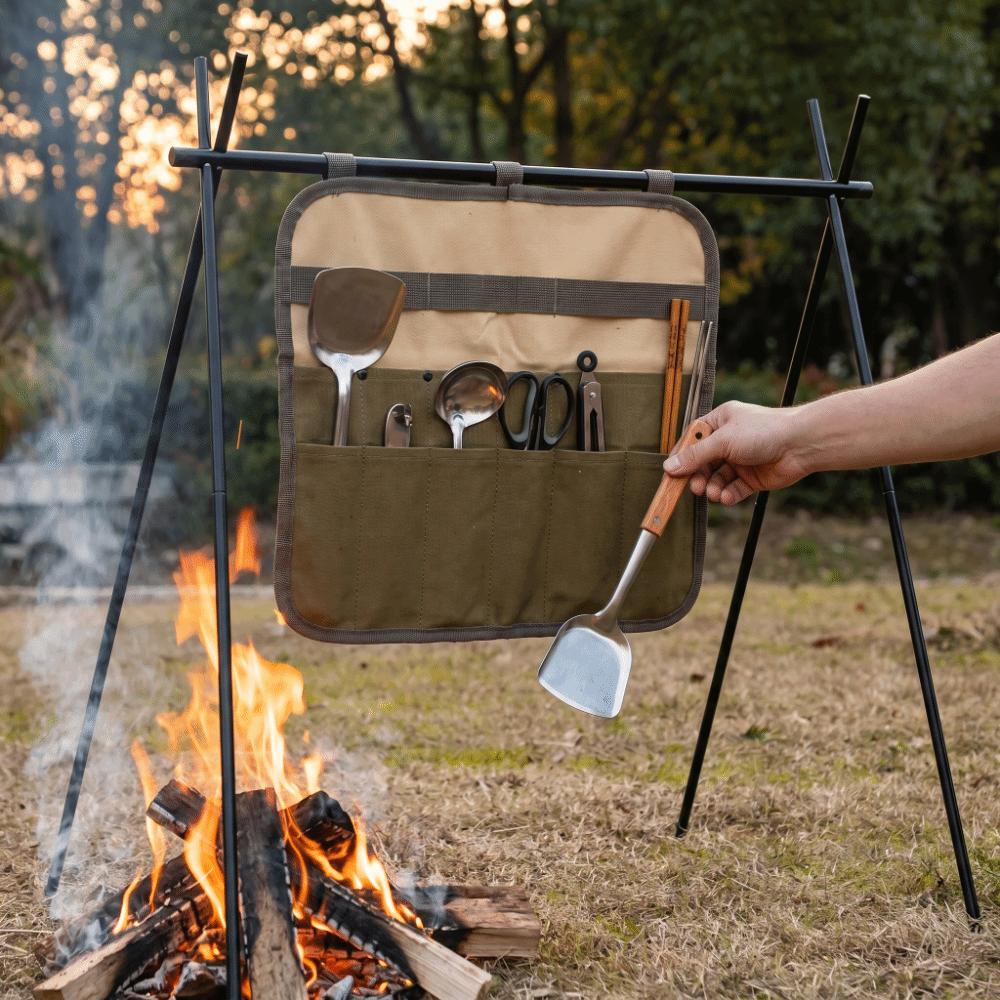 Canvas Cutlery Storage Bag Khaki Tableware Roll Bag Camping Organizer Bag  Outdoor BBQ