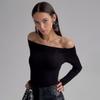 Fashion Style Autumn Basic Minimalist Finger Fit Design Sleeve Pure Color off-Neck Shoulder-Baring Bottoming Outwear Black T-shirt T-Shirt