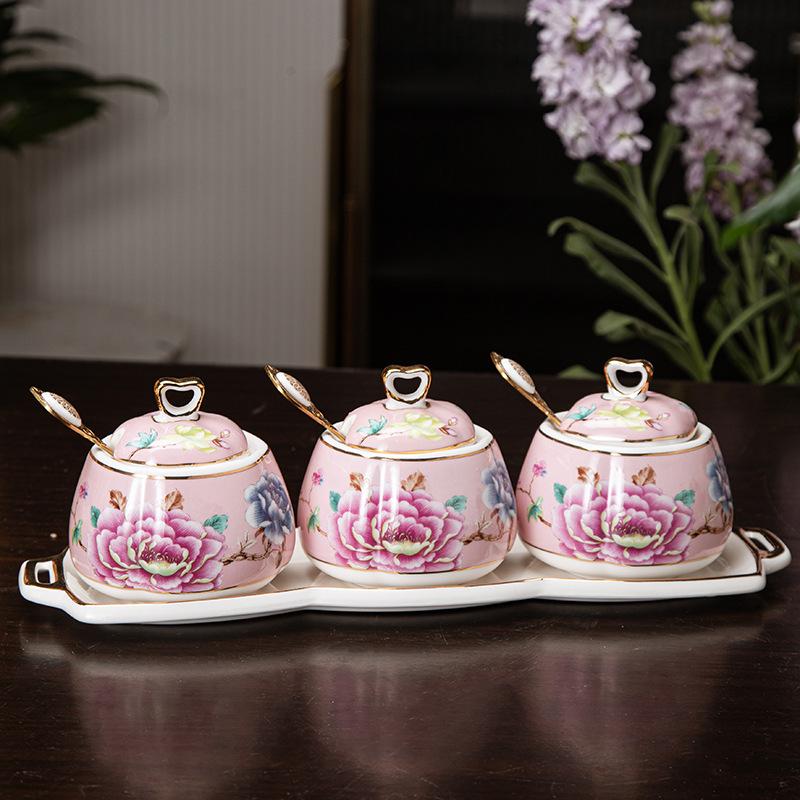 Flower Ceramic Seasoning Jar Set Salt Shaker Oil Pot Vinegar Pot Kitchen Spice Jar Seasoning Bottle Spice Box Storage Jars