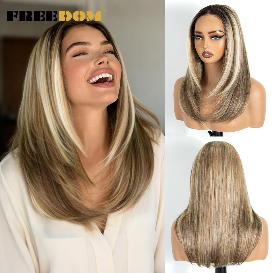 FREEDOM 13x3 Layered Synthetic Lace Front Wigs For Women 18 Inch Straight Ombre Brown Blonde Lace Wig Pre-plucked Highlight Wigs
