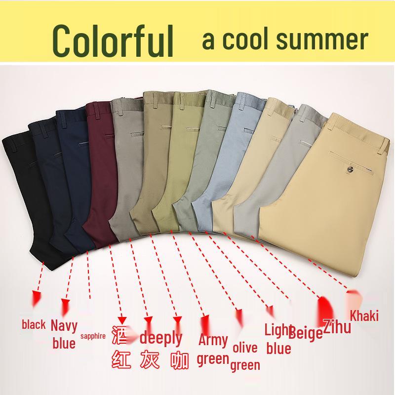 Men's Black Elastic Straight-Leg Summer Business Casual Pants