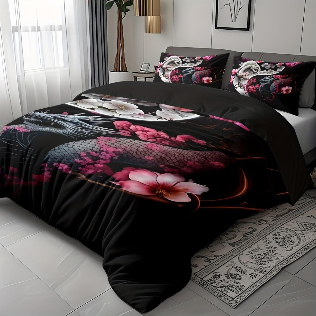 Dragon And Cherry Blossom Duvet Cover Set - Soft High-Definition Digital Print, Black with Pink Blossoms, Soft Breathable