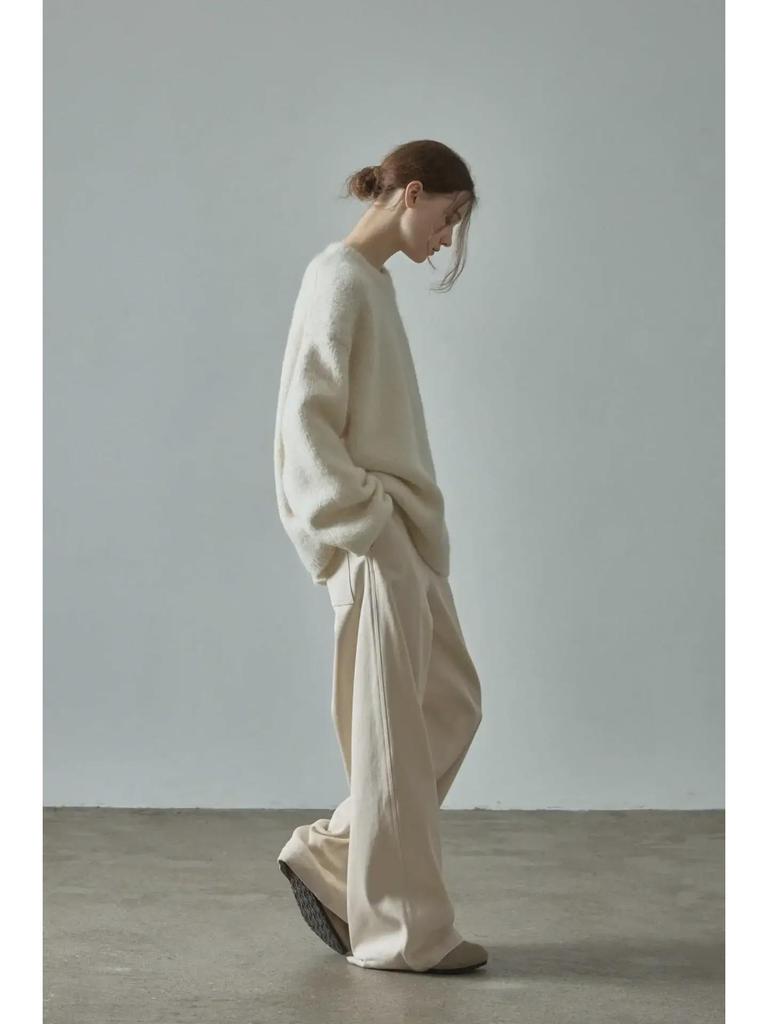 Vzorovaný volný teplý svetr z alpaky – Jednoduchý kulatý výstřih, design se spuštěnými rameny pro podzim/zimu.