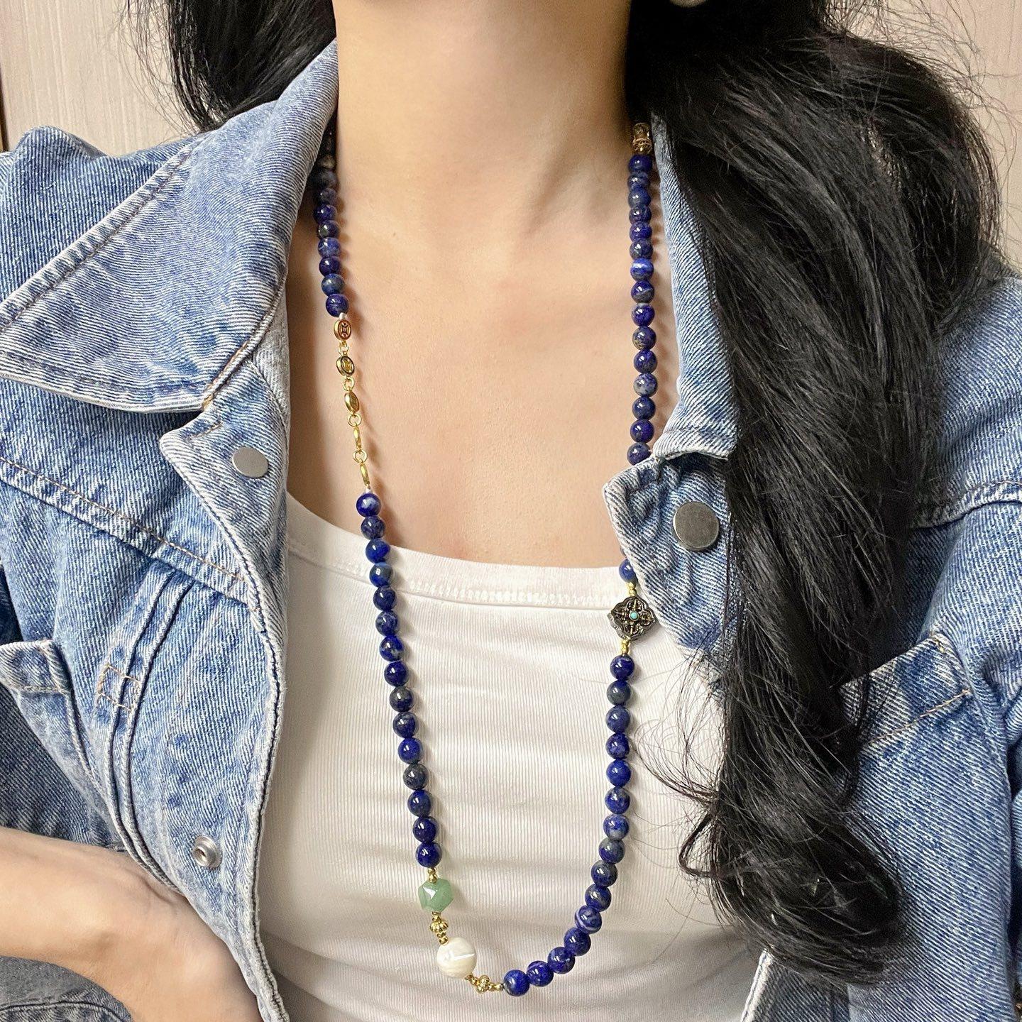

8Mm Natural Lapis Lazuli Long Design Sweater Chain Necklace