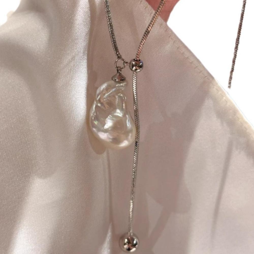 Simple Temperament Baroque Pearls Pendant Pull Adjustable Necklace for Women Stainless Steel Collar Jewelry Gifts Does Not Fade