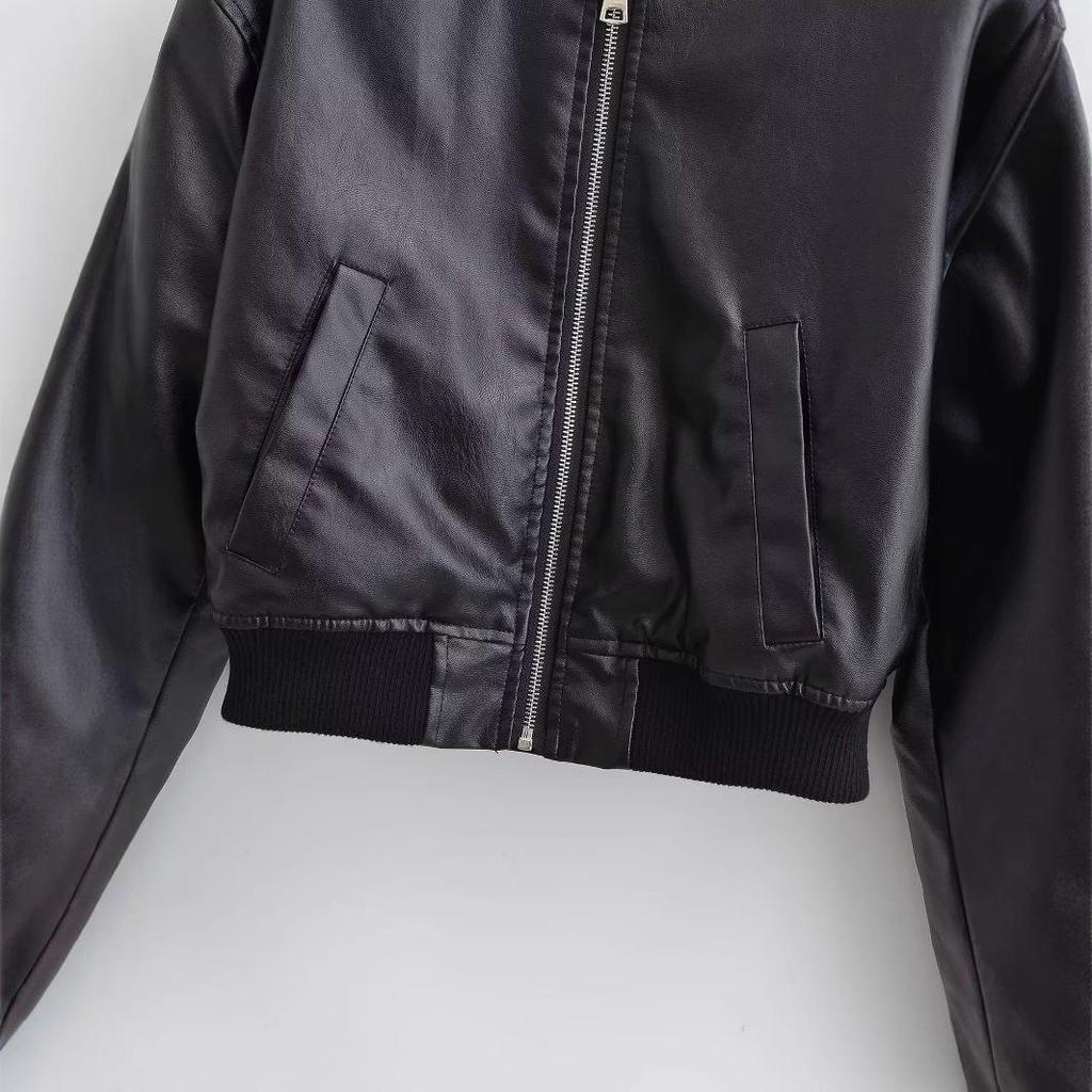 Autumn 2024 Women's European-American Style Washed Faux Leather Flight Jacket 6318223