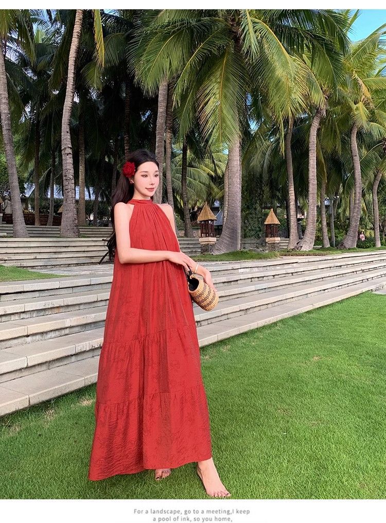 New Chinese Retro Red Neck Dress Summer Temperament Simple Long Dress Travel Photo Good-looking Skirt