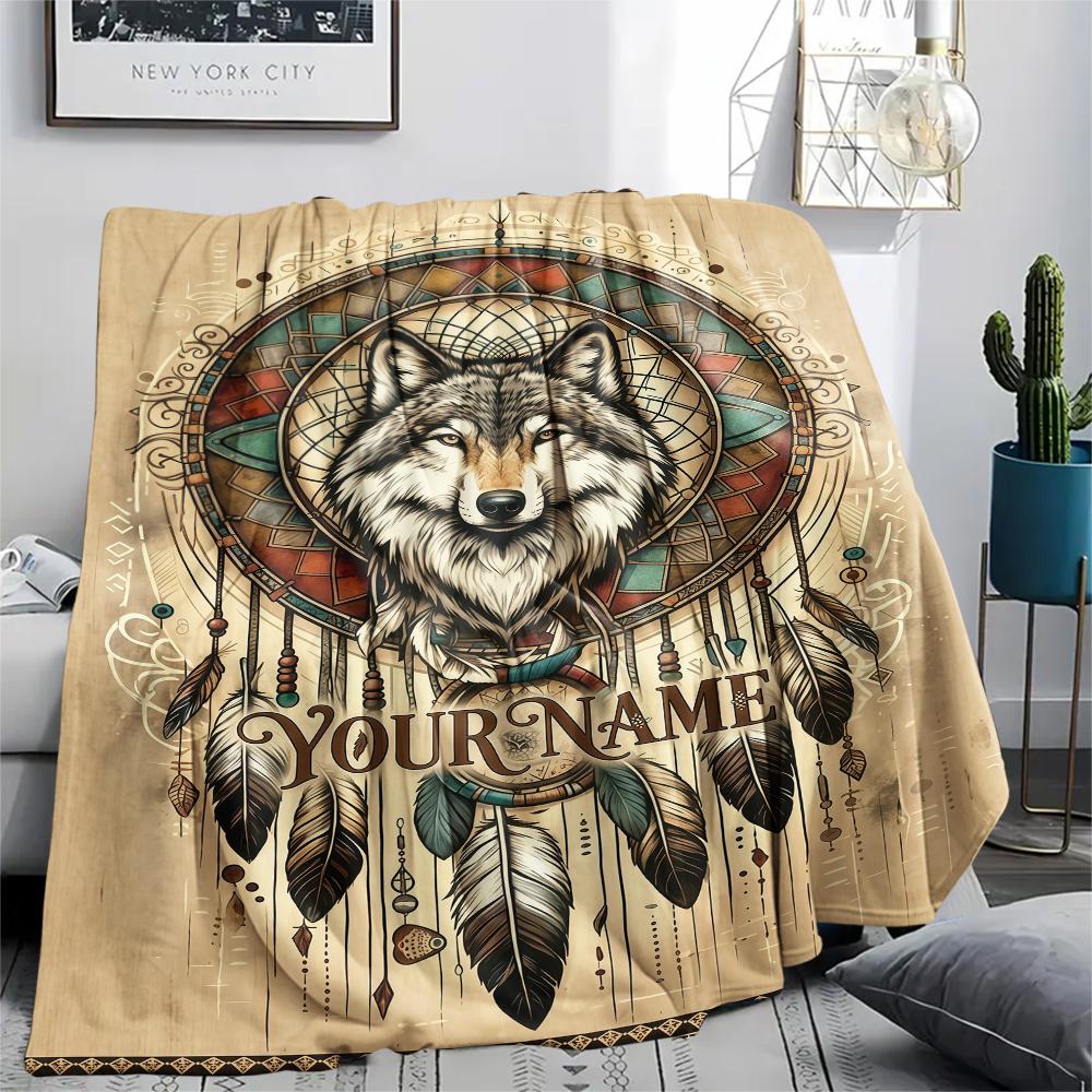 1PC Custom Name Wolf Pair Forest Patterned Flannel Blanket Suitable For All Seasons for Home Decor Warmth and Comfort Gifts Holiday Present_lx