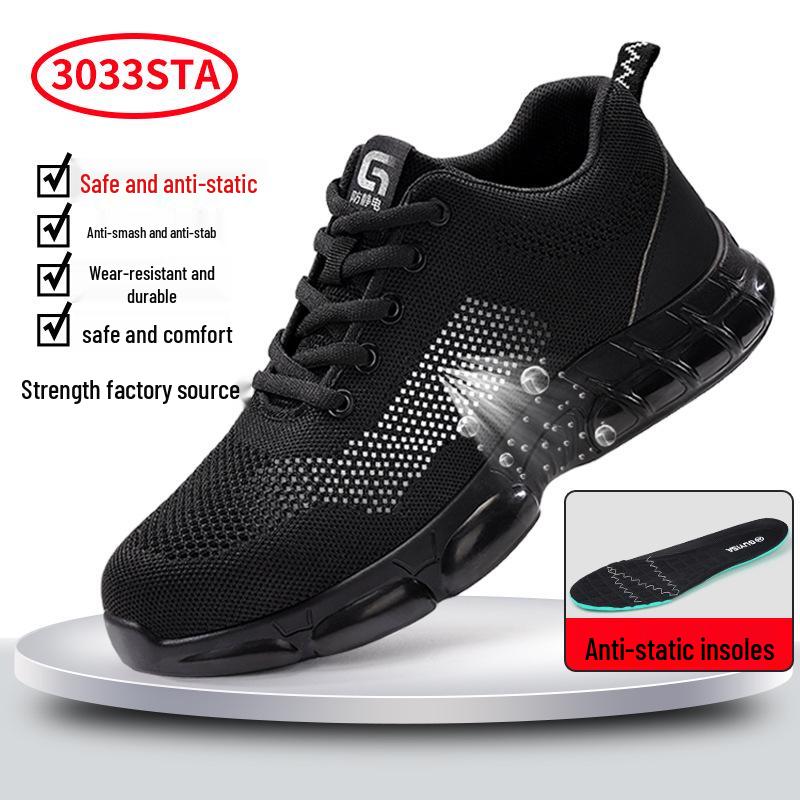 Four Seasons Fly-Knit Protective Work Shoes: Anti-Smashing, Anti-Piercing, and Anti-Static.