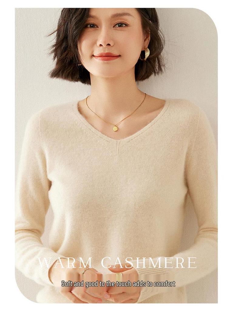 Women's V-Neck Cashmere Sweater - Slim Fit, Hollow Knit Pullover for Autumn/Winter