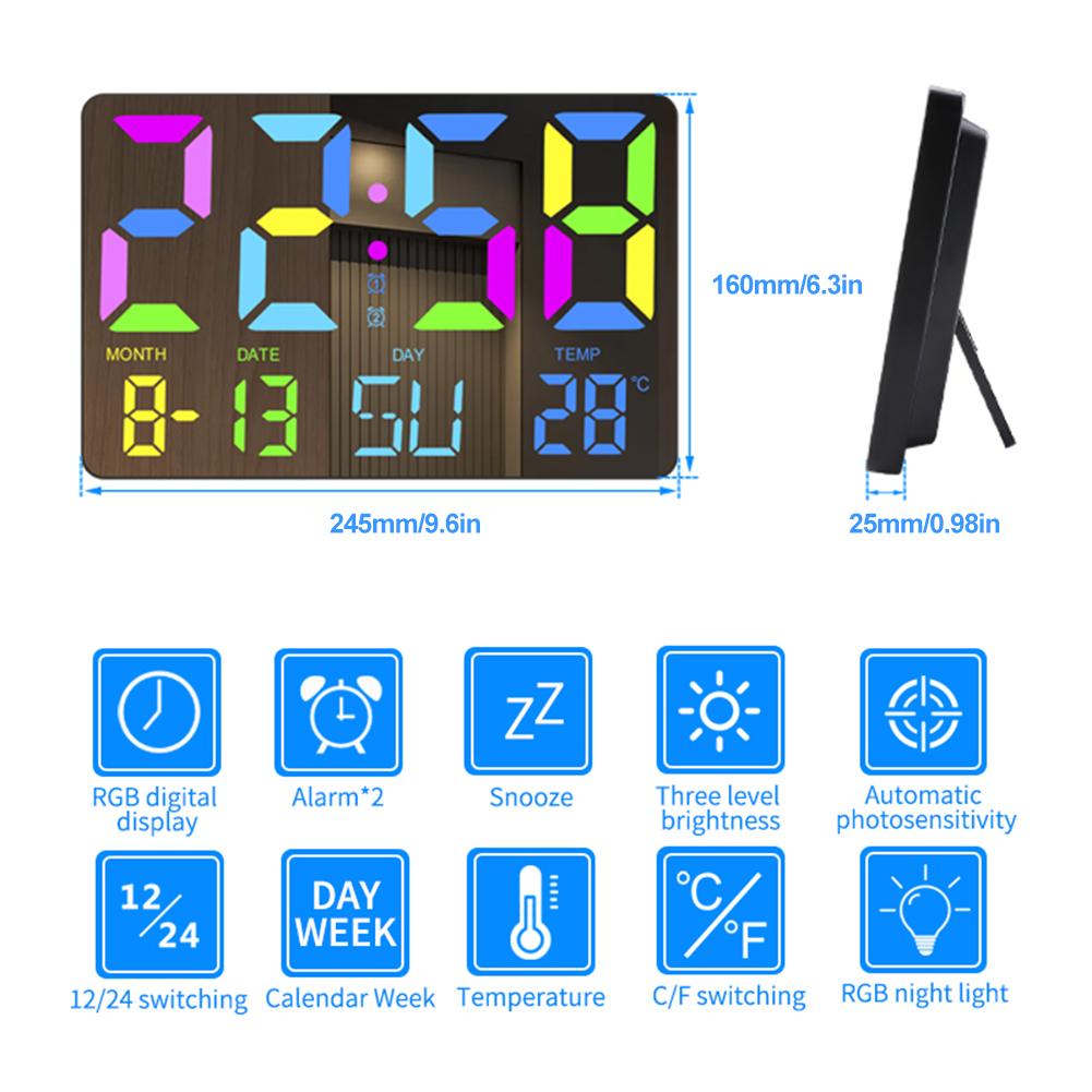 10 Inch Digital Alarm Clock 5 Brightness Levels Wall Alarm Clock with Remote Control Dynamics RGB Display for Home Office School
