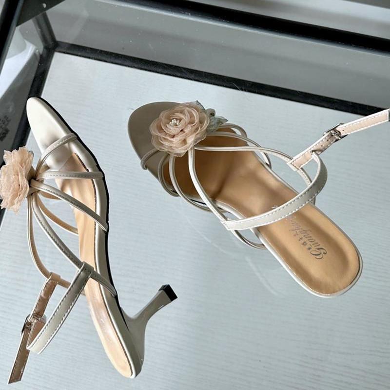 Floral Narrow Strap Designer Branded Sandals for Ladies Summer Open Toe Low Heeled Pumps Elegant Party Dress Buckle High Heels