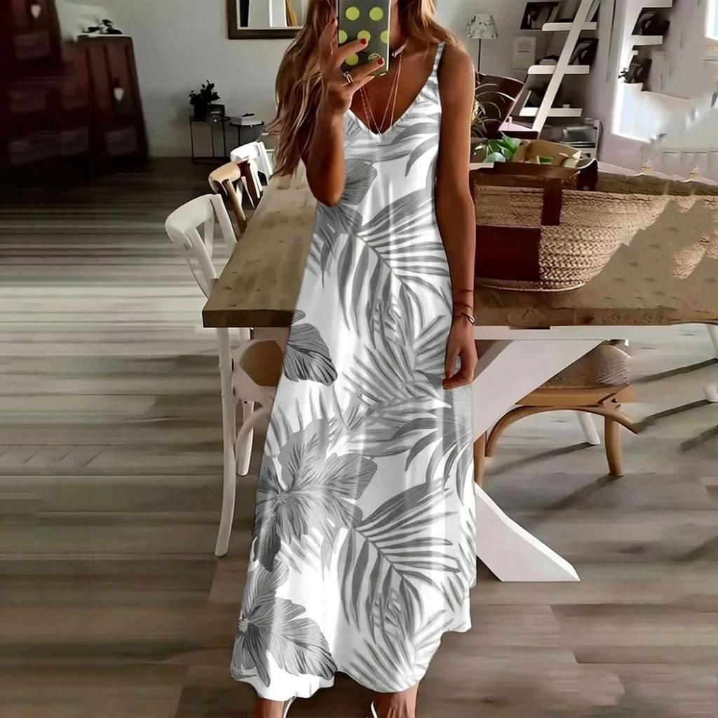 Women’s Long Sleeveless V Neck Printed Maxi Dress Bohemian Floral Spaghetti Strap Summer Casual Loose Fit Sundress