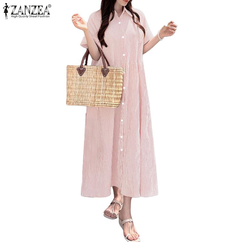 ZANZEA Women Summer Turn Down Collar Short Sleeve Casual Stripe Dress