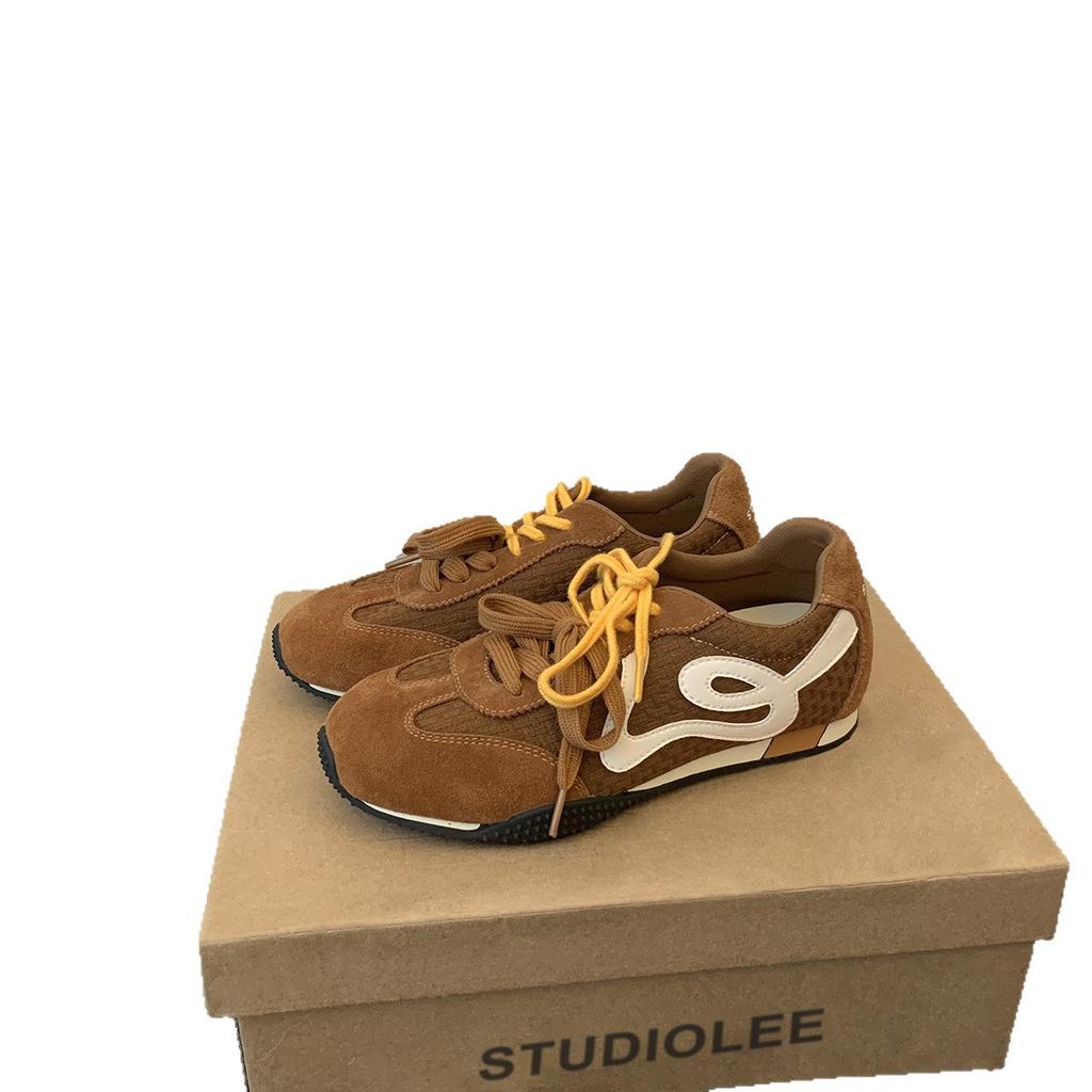 2025 autumn retro contrasting color mandarin duck shoelaces texture casual board shoes women's round head versatile platform German training shoes