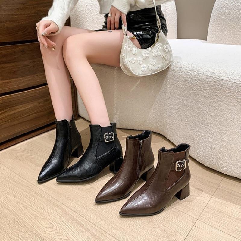 Autumn and winter new short boots women's pointed thick heel belt buckle short boots medium heel elastic short boots