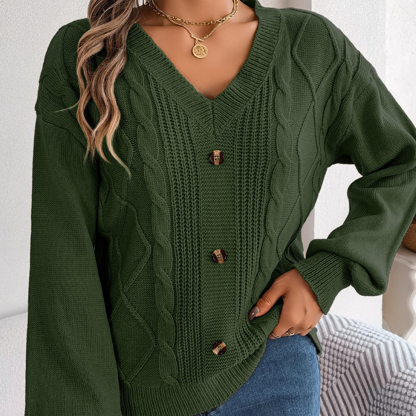 

GMXIA Женская мода Повседневный однотонный принт Осень Зима Длинный рукав V-образный вырез Свободные свитера S темно-зеленого