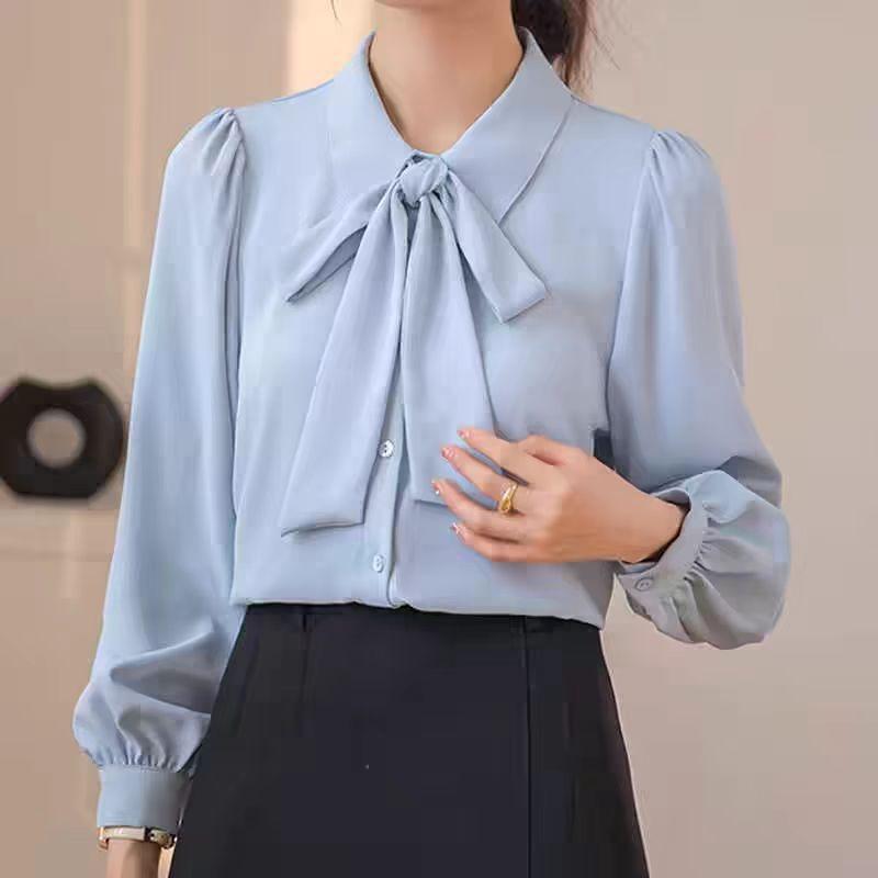 Spring and Autumn White Long Sleeve Chiffon Bow Shirt Women's Professional Formal Inner Top