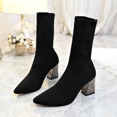 Blockabsatz Sockenstiefel Damen Stretchstoff Elastisch Spitzschuhe Stiefelette Frau