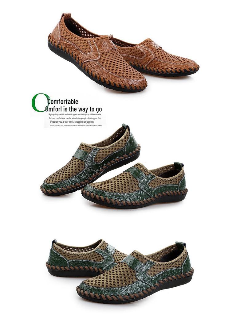 Men's Breathable Crocodile Pattern Mesh Shoes, Genuine Leather, Large Size, Summer Collection.