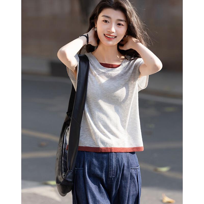 Demana Women's Summer Color Block Knit Short Sleeve Top