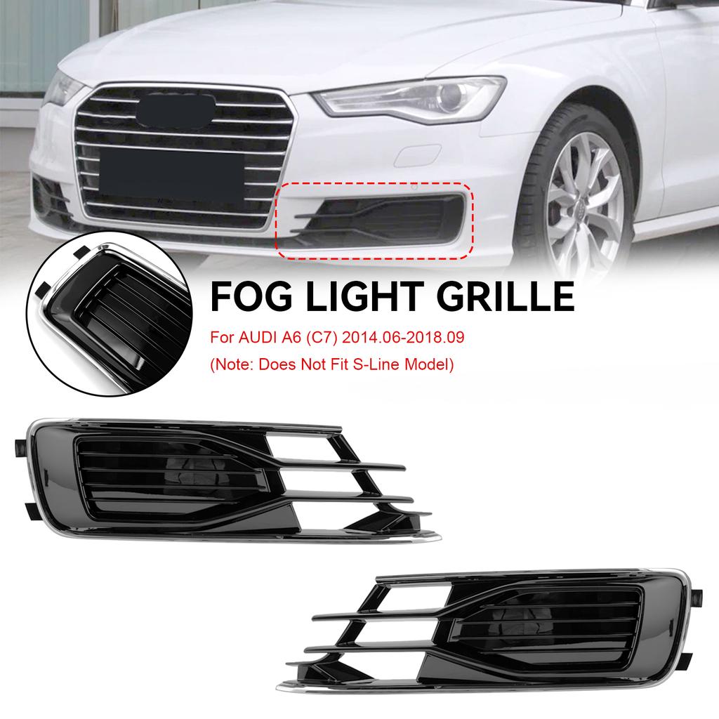 2PCS Front Bumper Foglight Cover Grill 4G0807647T94 4G0807648T94 Fit A6 C7 2014-2018 Black Chrome