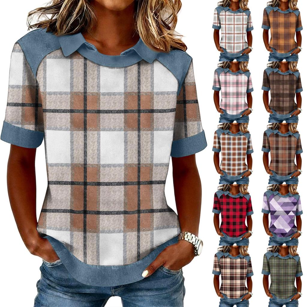 Women's Fashion Collar Cowboy Splicing Sweatshirt Casual Printed Hoodie Short Sleeve Shirt Top