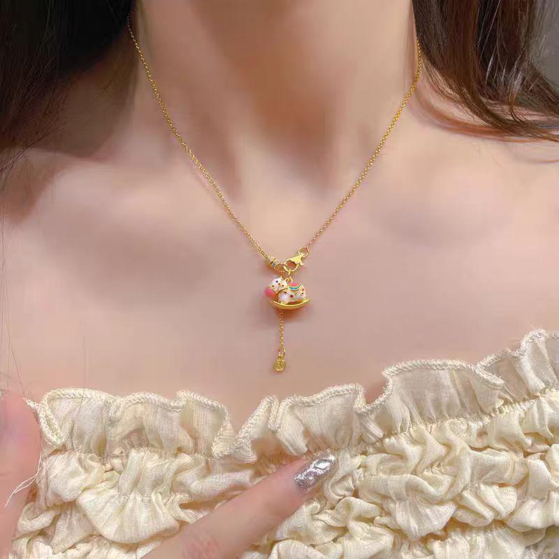 Vietnam Sand Gold Zodiac Horse Enamel Necklace: Women's Rocking Horse Pendant Clavicle Chain