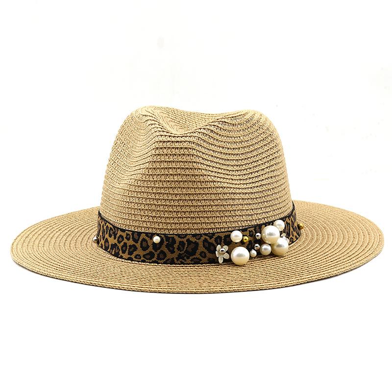 Spring and Summer New Panama Hat Leopard Print Pearl Elastic Belt Accessories Top Hat Version Denim Straw Hat Clear Cool Hat