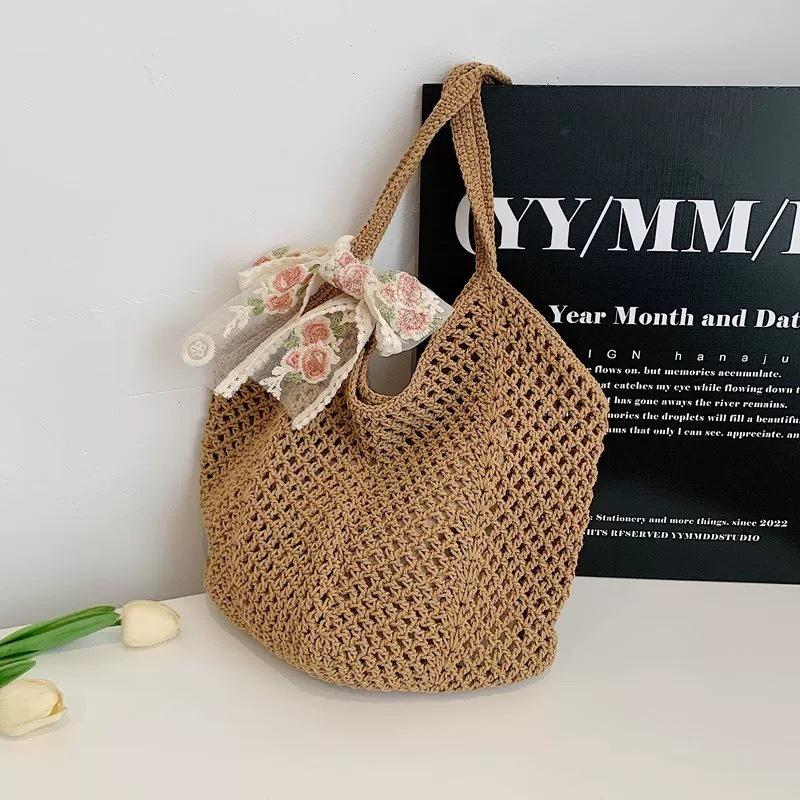 Women's Large Casual Hollow Straw Shoulder Bag, Beach Style Handbag
