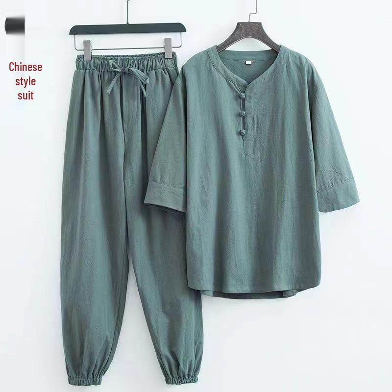 Herren Sommer Baumwolle Leinen Chinesischer Stil Froschknopf Halber Ärmel Tang Anzug Set