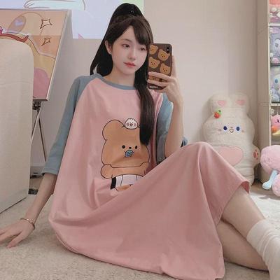 Women's Plus Size Cotton Nightdress - Cute Cartoon, Round Neck, Long Sleeve, Spring/Summer