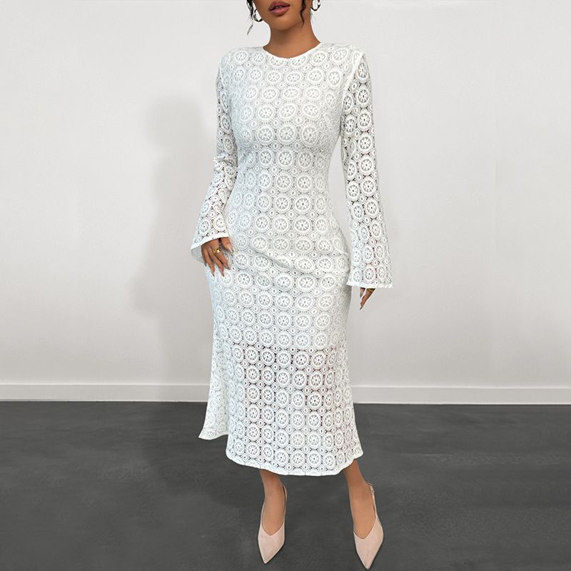 

White Lace Lace Dress European and American White Lace Slim fit Fishtail Dress Midi dress Women White XL