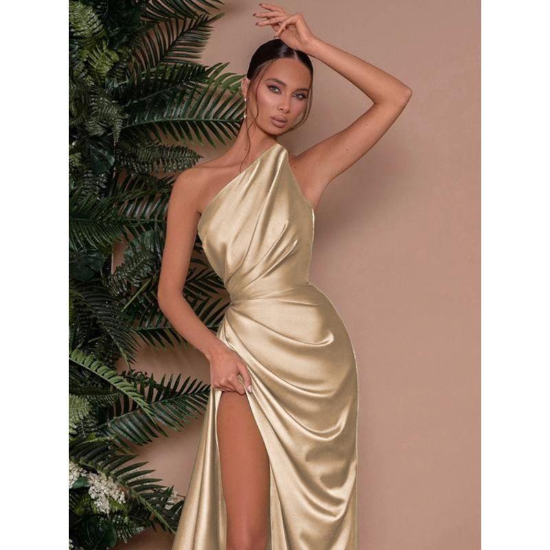 Western Style Elegant Socialite Sexy Split Dress Women Pleat Slimming Slim fit Outer Wear Banquet Evening dress Long dress