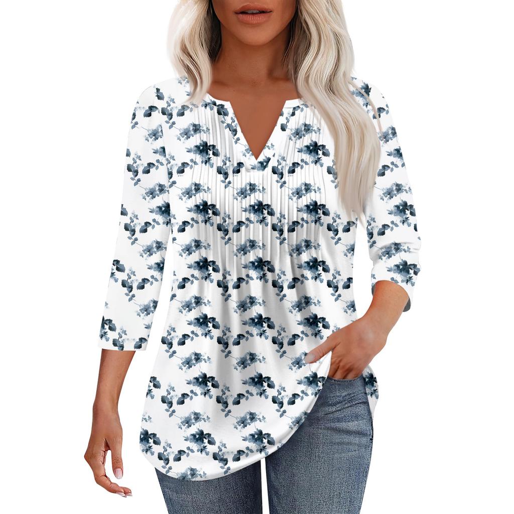 Γυναικείο μοντέρνο casual t-shirt με πλισέ λαιμόκοψη σε χρώμα V και μανίκια επτά τετάρτων