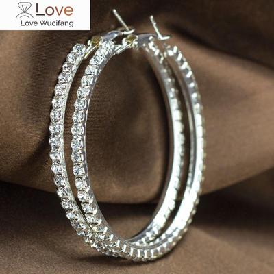 Popular Earring With Rhinestone 20mm -90mm Crystal Circle Hoop Earrings Simple Big Circle Silver Plated Hoop Earrings For Women