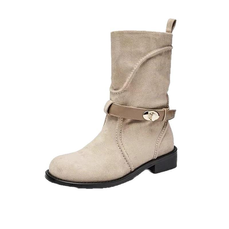 Belt buckle thick heel short boots women's retro suede one-pedal Martin boots huge comfortable height increase thin knight boots