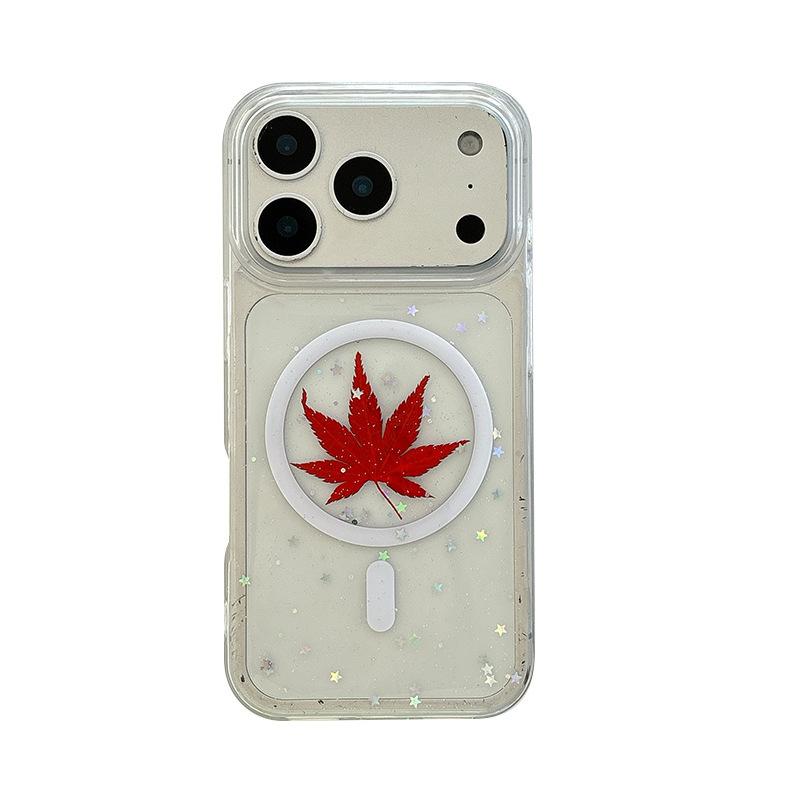 Transparent glitter mobile phone case for Iphone17 small fresh red maple leaf Apple 16Pro magnetic protective case