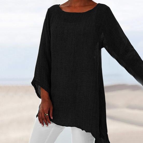 Casual Solid Color Long Sleeve Irregular T-Shirt Women Cotton Linen Tunic Top