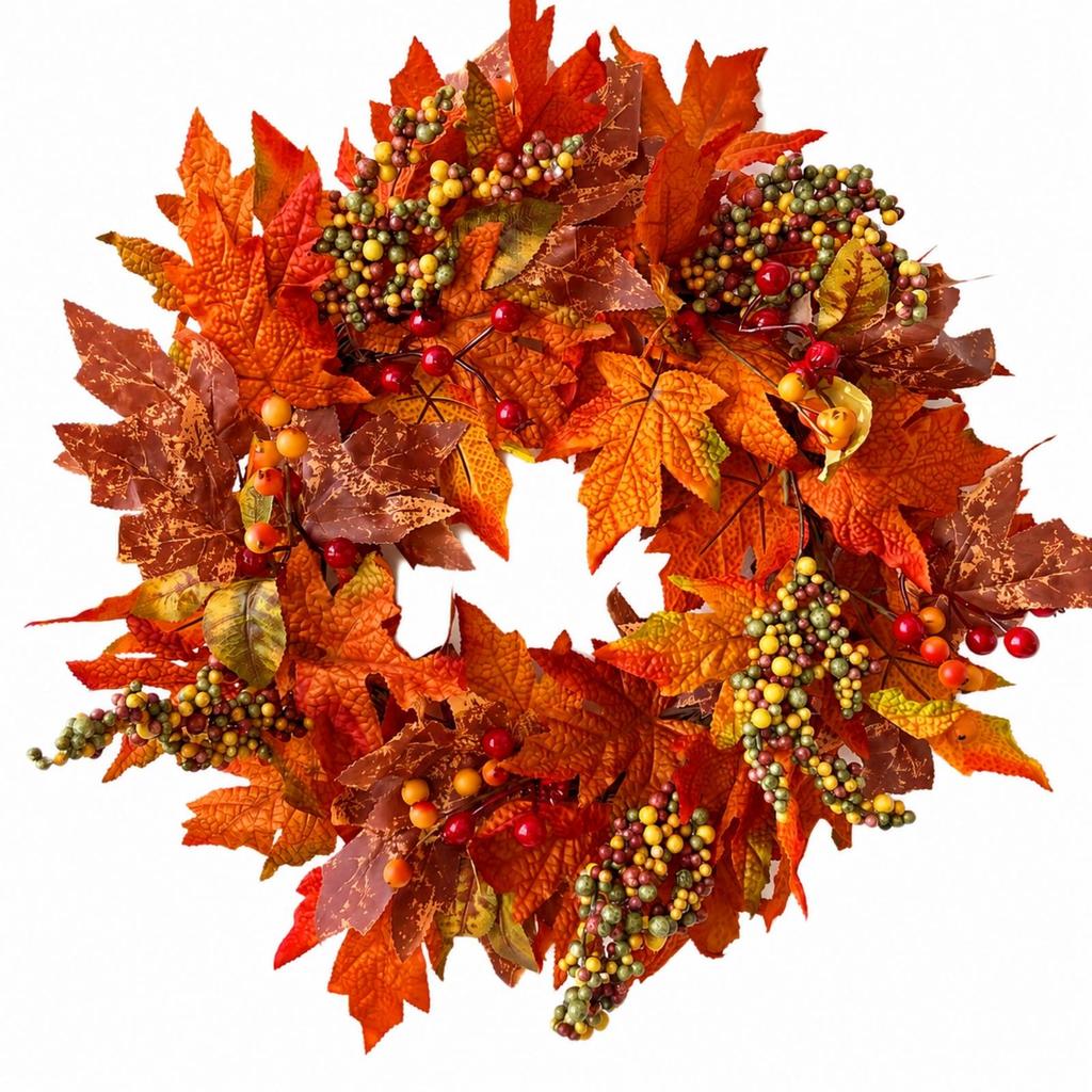 Door Wreath with Maple Leaves and Berries Artificial Fall Plump for Porch