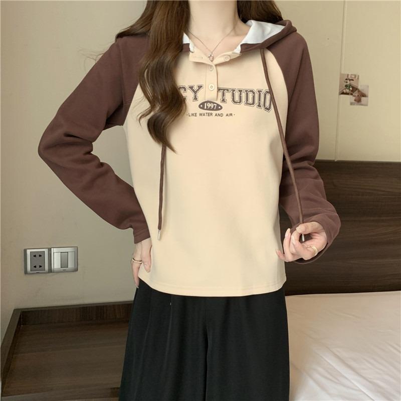 Wind Shot Cotton Hooded Sweater Women's Outfit Autumn and Winter Shoulder Splicing Niche Long Sleeve Top Women's Jacket