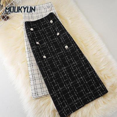 Saias Elegantes de Cintura Alta para Mulheres Casual Escritório Senhoras Vintage Lã Xadrez Fenda Bolso Quadril Um Passo