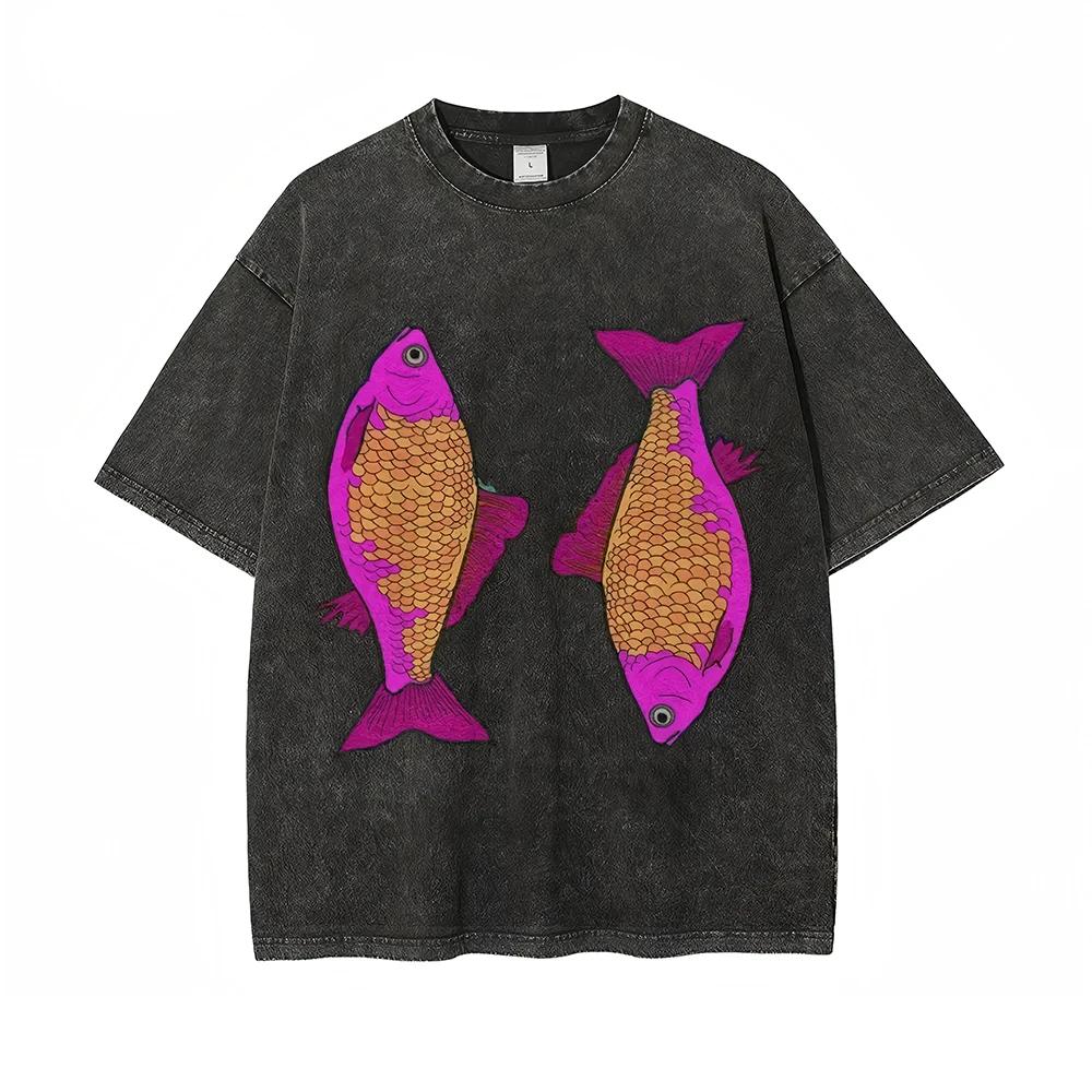 Fluorescent Goldfish Lucky Printed Retro T-Shirt For Men And Women, Pure Cotton, Summer Designer Round Neck, New Short Sleeve S