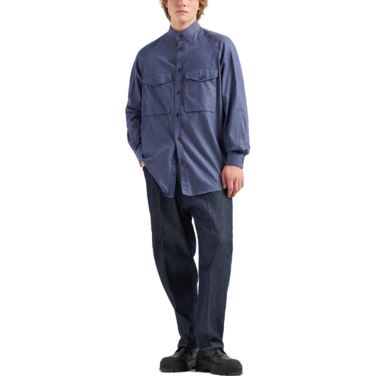Emporio Armani Solid Color Chest Pocket Single-Breasted Long Sleeve Shirt Men Shirts Blue 3D1CP1-1DAAZ-10941